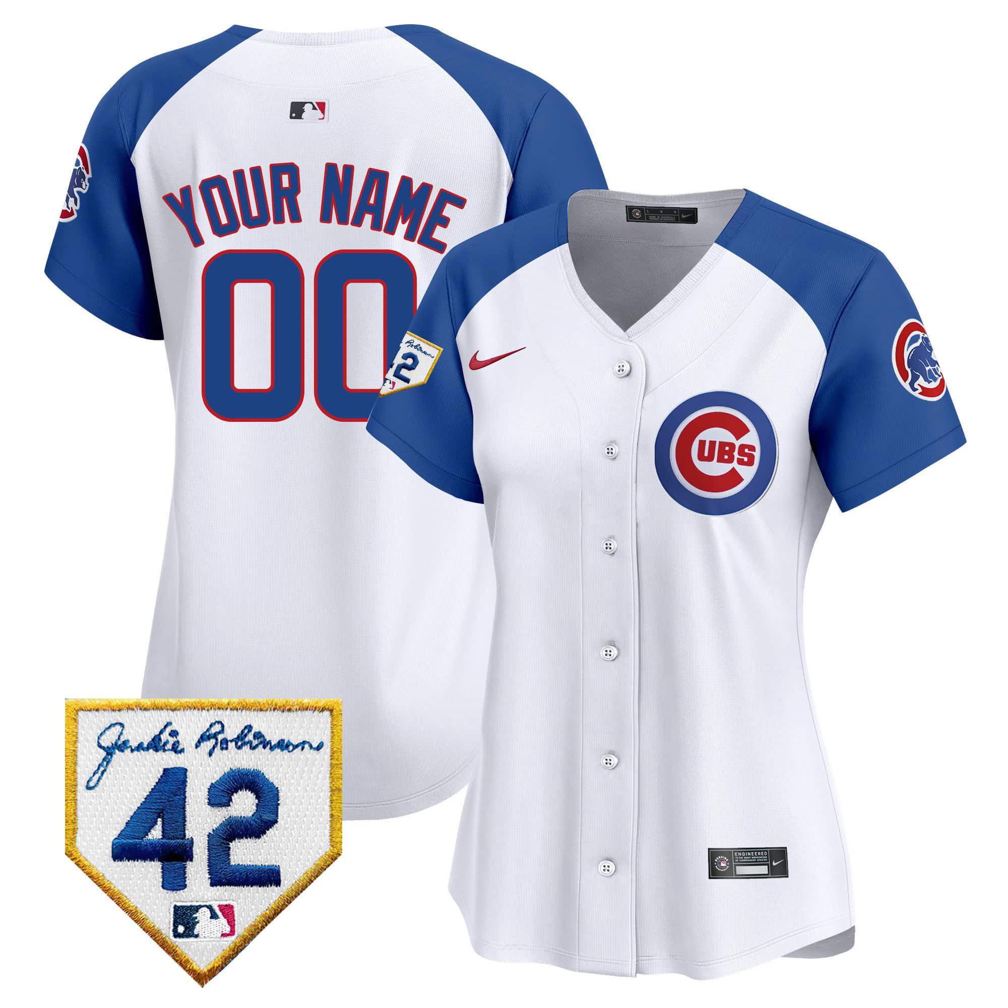 Women Chicago Cubs White Nike 2024 Jackie Robinson Patch Vapor Premier Limited Custom MLB Jersey style 1->customized mlb jersey->Custom Jersey